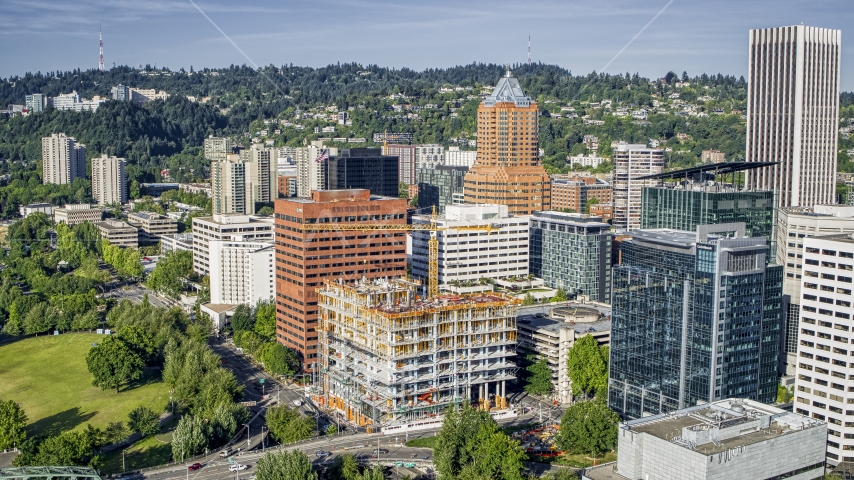 Office buildings and tall skyscrapers in Downtown Portland, Oregon Aerial Stock Photo DXP001_011_0005 | Axiom Images