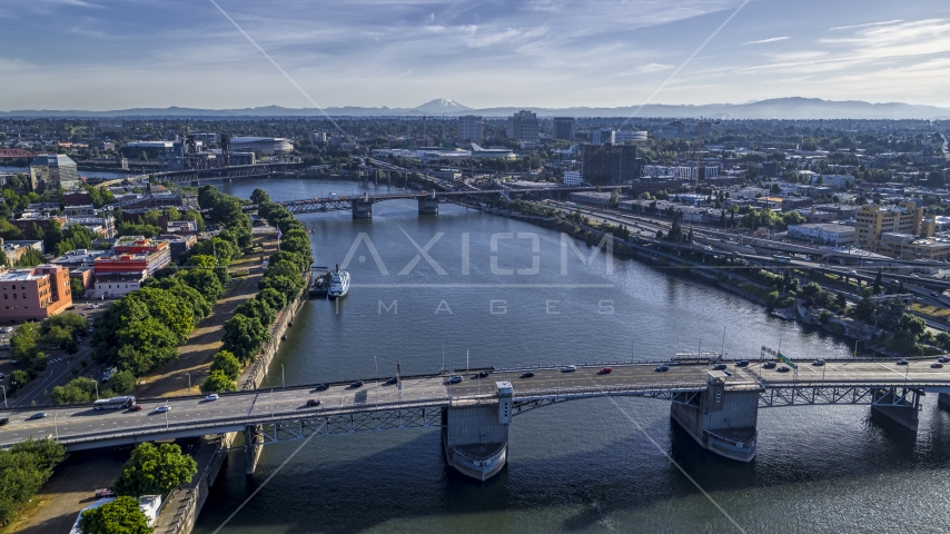 The Morrison Bridge and the Willamette River, Downtown Portland, Oregon Aerial Stock Photo DXP001_011_0011 | Axiom Images