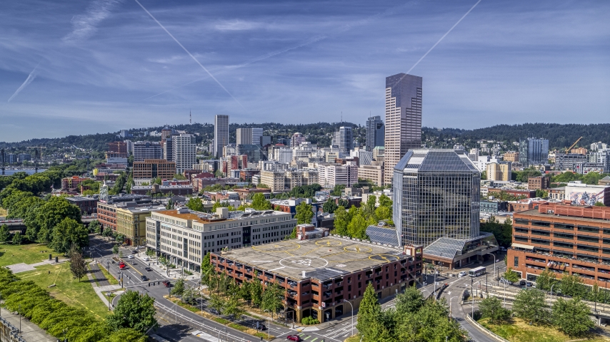 Office buildings and White Stag sign in Downtown Portland, Oregon Aerial Stock Photo DXP001_012_0002 | Axiom Images