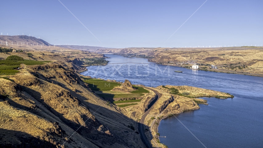 The Columbia River seen from steep cliffs in Goldendale, Washington Aerial Stock Photo DXP001_019_0003 | Axiom Images