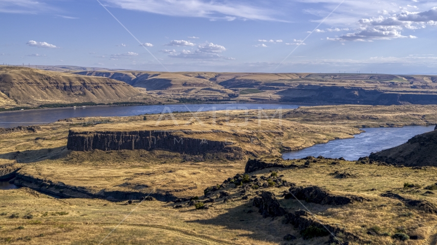 Miller Island and the Columbia River seen from a cliff in Goldendale, Washington Aerial Stock Photo DXP001_019_0009 | Axiom Images