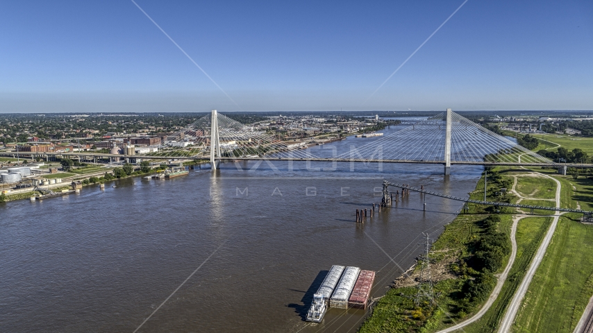 A cable-stayed bridge spanning a river, St. Louis, Missouri Aerial Stock Photo DXP001_023_0005 | Axiom Images