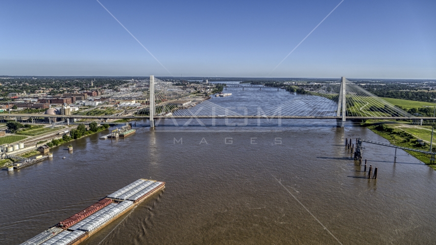 A cable-stayed bridge spanning the Mississippi River in St. Louis, Missouri Aerial Stock Photo DXP001_023_0007 | Axiom Images