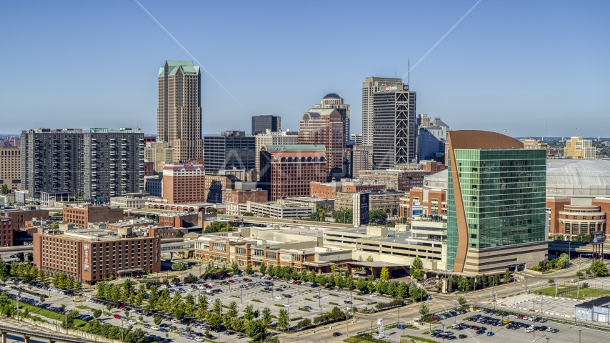 A view of Lumière Place/Four Seasons Hotel in Downtown St. Louis, Missouri Aerial Stock Photo DXP001_024_0001 | Axiom Images