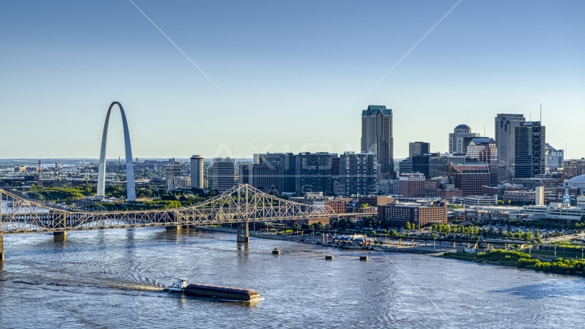 The Gateway Arch and Downtown St. Louis, Missouri seen from across the Mississippi River Aerial Stock Photo DXP001_026_0005 | Axiom Images