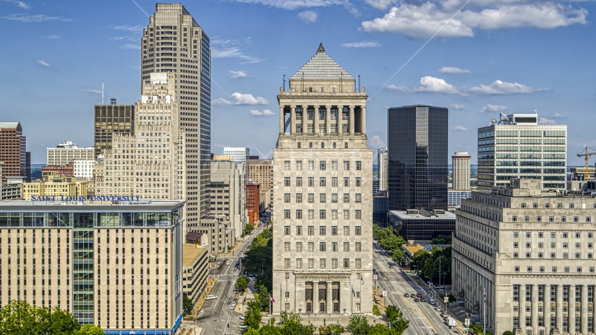 A courthouse tower in Downtown St. Louis, Missouri Aerial Stock Photo DXP001_031_0006 | Axiom Images