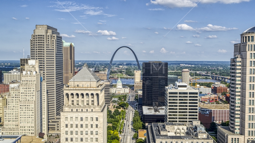 Museum at the Gateway Arch seen from near the top of a courthouse tower in Downtown St. Louis, Missouri Aerial Stock Photo DXP001_031_0008 | Axiom Images