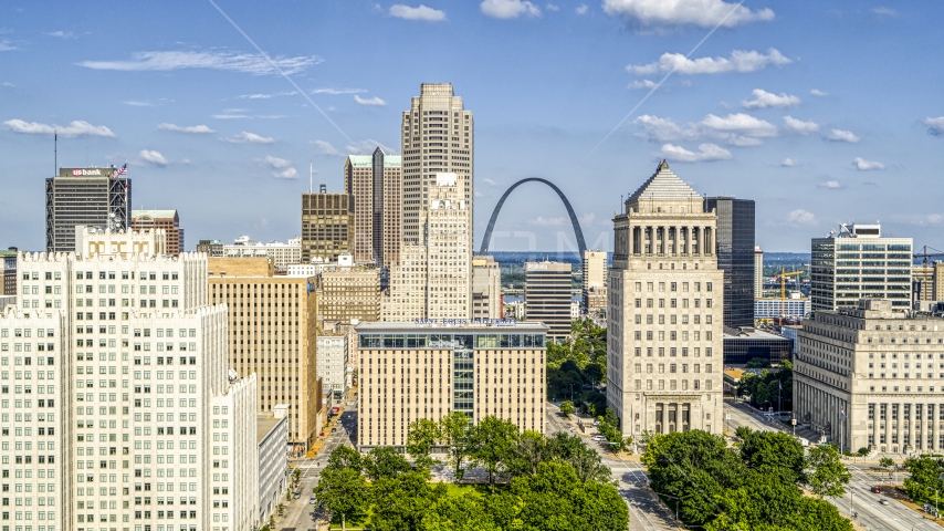 University building and courthouse tower near Gateway Arch in Downtown St. Louis, Missouri Aerial Stock Photo DXP001_031_0010 | Axiom Images