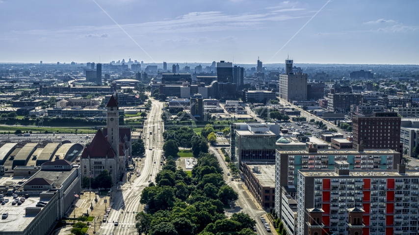 St. Louis Union Station Hotel, Market Street, and buildings in Downtown St. Louis, Missouri Aerial Stock Photo DXP001_032_0001 | Axiom Images