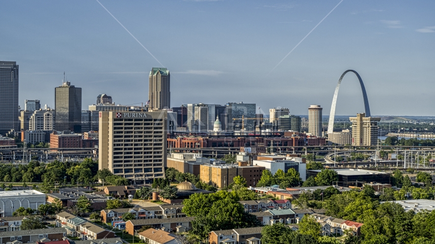 Office building and stadium near the Gateway Arch in Downtown St. Louis, Missouri Aerial Stock Photo DXP001_033_0001 | Axiom Images