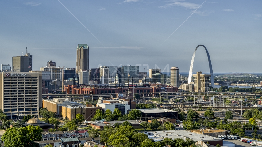 An office building and  a sports stadium near the Gateway Arch in Downtown St. Louis, Missouri Aerial Stock Photo DXP001_033_0003 | Axiom Images