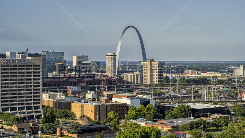 Gateway Arch seen from office building near the stadium in Downtown St. Louis, Missouri Aerial Stock Photo DXP001_033_0004 | Axiom Images