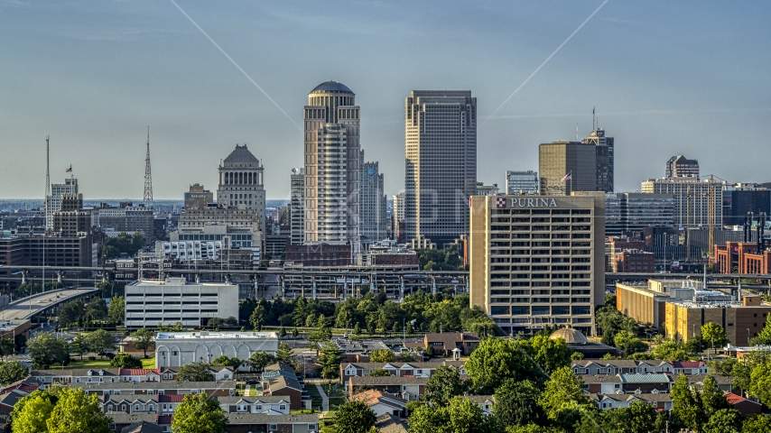 Tall skyscrapers beyond an office building in Downtown St. Louis, Missouri Aerial Stock Photo DXP001_033_0005 | Axiom Images