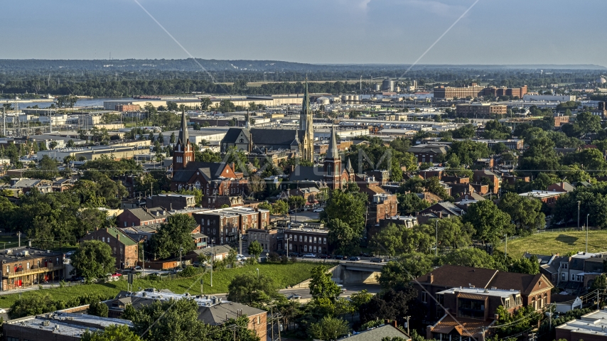 Three brick churches in St. Louis, Missouri Aerial Stock Photo DXP001_033_0008 | Axiom Images