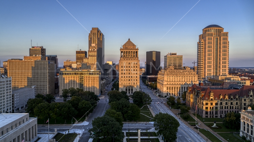 The courthouses and downtown skyscrapers at sunset, Downtown St. Louis, Missouri Aerial Stock Photo DXP001_035_0009 | Axiom Images