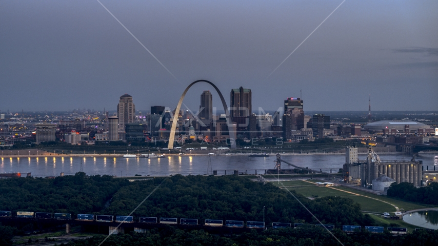 Gateway Arch and Downtown St. Louis, Missouri, across the river at twilight Aerial Stock Photo DXP001_037_0005 | Axiom Images