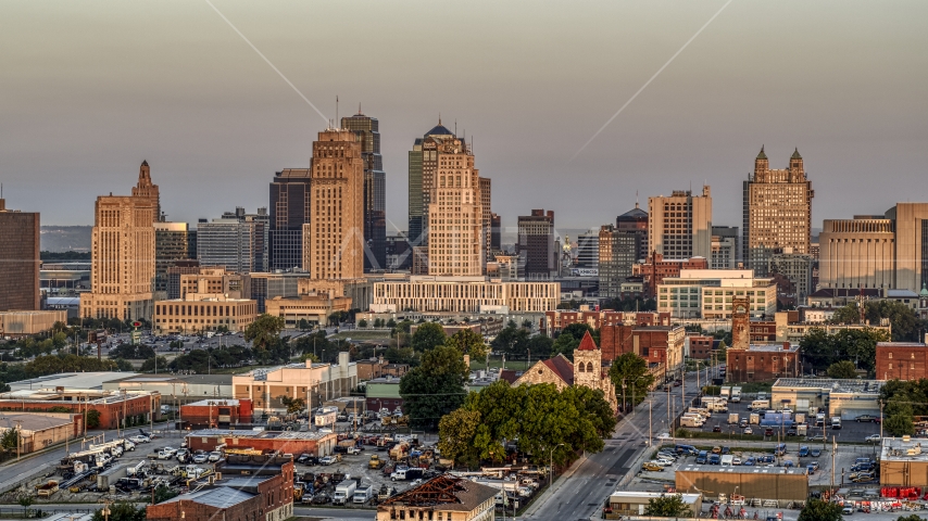 The city skyline at sunrise, Downtown Kansas City, Missouri Aerial Stock Photo DXP001_040_0001 | Axiom Images