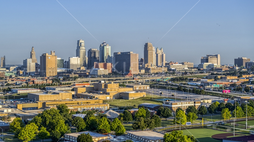 A view of the city's downtown skyline at sunrise, Downtown Kansas City, Missouri Aerial Stock Photo DXP001_041_0001 | Axiom Images