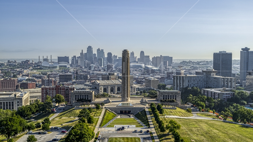 The historic WWI memorial and the Downtown Kansas City, Missouri skyline Aerial Stock Photo DXP001_043_0014 | Axiom Images