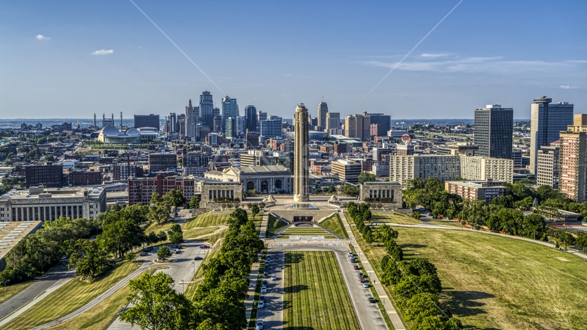 Historic WWI memorial between the city skyline and office buildings in Kansas City, Missouri Aerial Stock Photo DXP001_044_0016 | Axiom Images