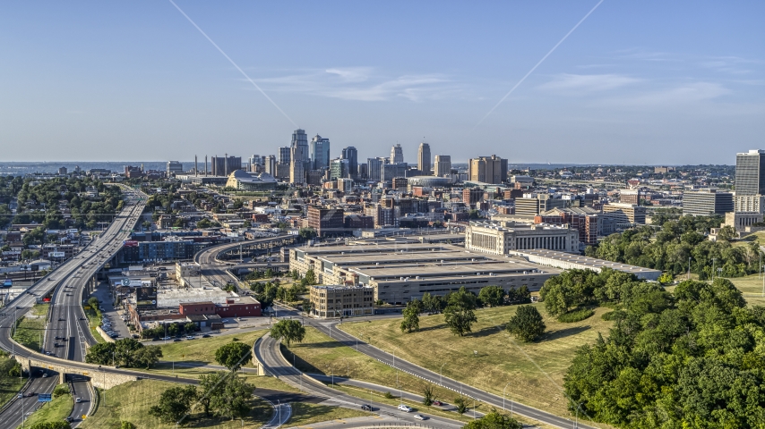 Government office building in foreground with view of city's skyline, Downtown Kansas City, Missouri Aerial Stock Photo DXP001_045_0003 | Axiom Images