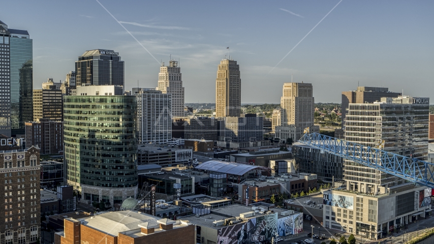 Office buildings and skyscrapers in Downtown Kansas City, Missouri Aerial Stock Photo DXP001_045_0007 | Axiom Images