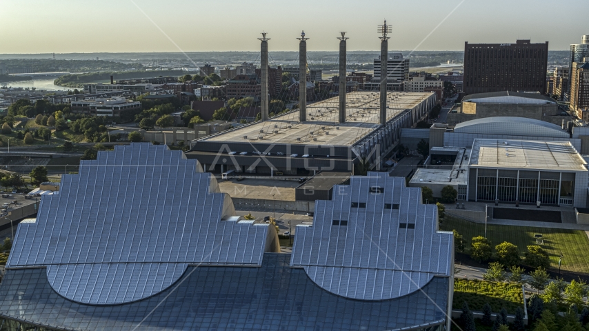 The convention center seen from the top of the concert hall in Downtown Kansas City, Missouri Aerial Stock Photo DXP001_045_0014 | Axiom Images