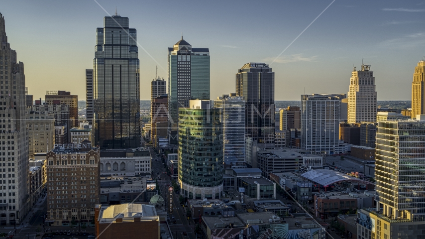 Tall skyscrapers in Downtown Kansas City, Missouri Aerial Stock Photo DXP001_045_0015 | Axiom Images