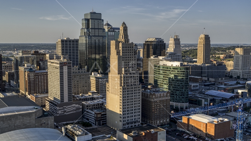 Kansas City Power and Light Building skyscraper in Downtown Kansas City, Missouri Aerial Stock Photo DXP001_045_0018 | Axiom Images