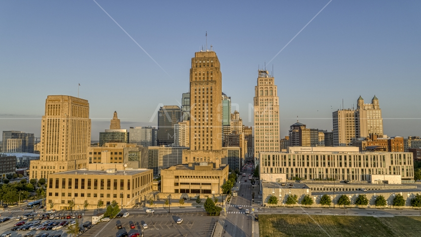 City hall and skyscraper in Downtown Kansas City, Missouri Aerial Stock Photo DXP001_047_0002 | Axiom Images