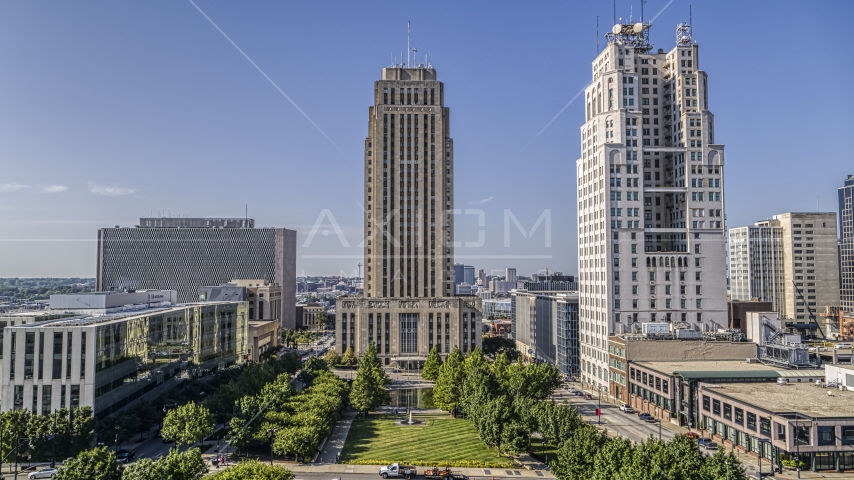 City hall seen from the park in Downtown Kansas City, Missouri Aerial Stock Photo DXP001_049_0001 | Axiom Images