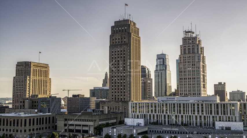 City hall and nearby skyscraper in Downtown Kansas City, Missouri Aerial Stock Photo DXP001_050_0004 | Axiom Images