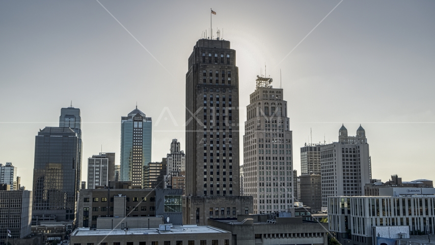 City hall and the Oak Tower skyscraper in Downtown Kansas City, Missouri Aerial Stock Photo DXP001_050_0005 | Axiom Images