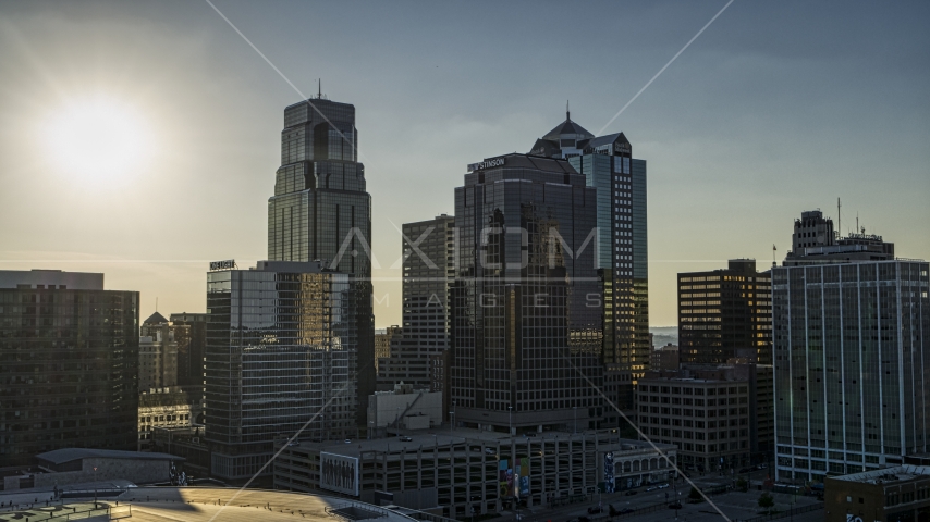 The city's tall skyscrapers at sunset in Downtown Kansas City, Missouri Aerial Stock Photo DXP001_050_0007 | Axiom Images