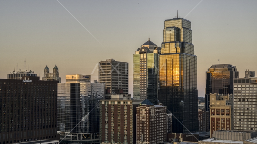 City skyscrapers at sunset in Downtown Kansas City, Missouri Aerial Stock Photo DXP001_051_0003 | Axiom Images