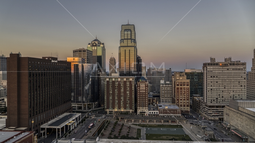 Skyscrapers at twilight in Downtown Kansas City, Missouri Aerial Stock Photo DXP001_051_0012 | Axiom Images