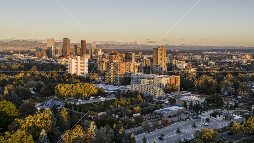 Apartment buildings at sunrise in Denver, Colorado Aerial Stock Photo DXP001_052_0001 | Axiom Images