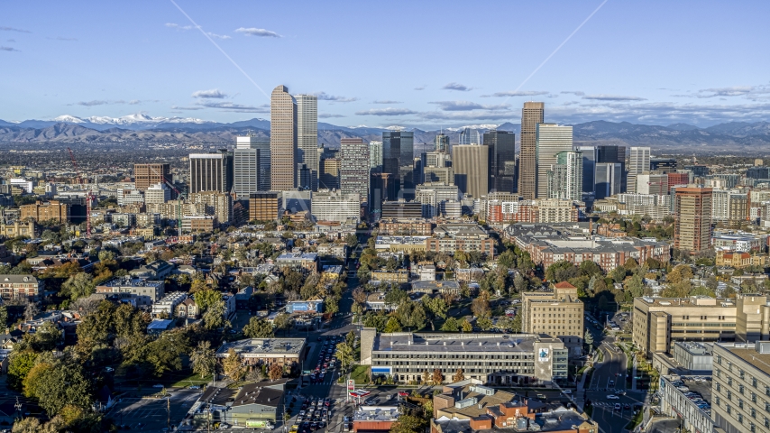 The city's skyscrapers in Downtown Denver, Colorado Aerial Stock Photo DXP001_052_0008 | Axiom Images