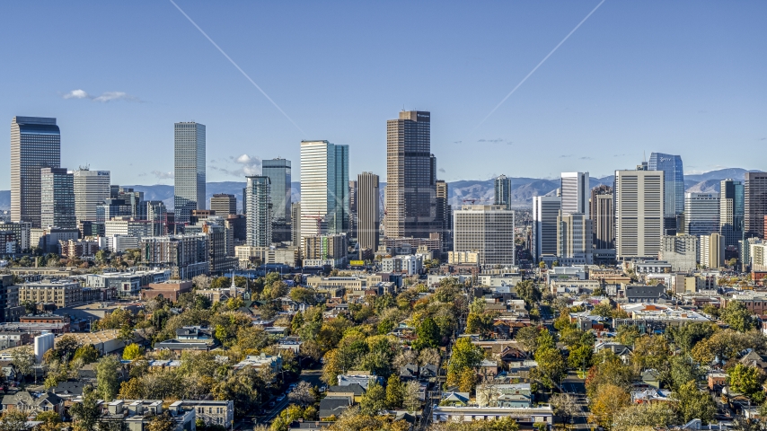 A view of skyscrapers in skyline of Downtown Denver, Colorado Aerial Stock Photo DXP001_053_0003 | Axiom Images