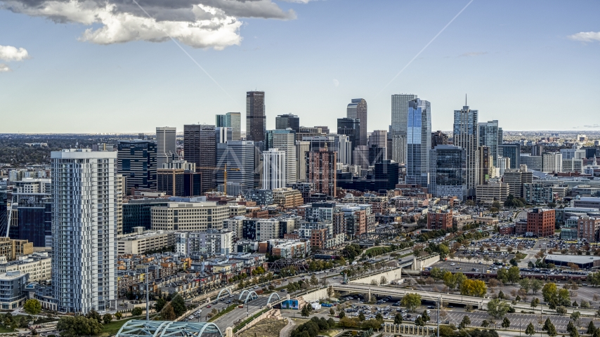 The city skyline seen from near residential skyscraper in Downtown Denver, Colorado Aerial Stock Photo DXP001_055_0009 | Axiom Images