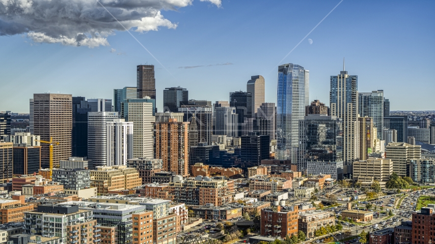 Tall skyscrapers in the city skyline in Downtown Denver, Colorado Aerial Stock Photo DXP001_055_0012 | Axiom Images