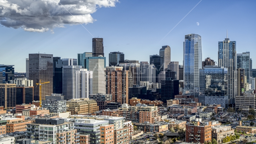 Giant skyscrapers of the city skyline in Downtown Denver, Colorado Aerial Stock Photo DXP001_055_0018 | Axiom Images