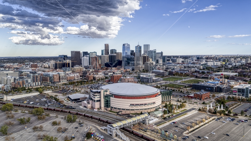 The arena with the city skyline in the background, Downtown Denver, Colorado Aerial Stock Photo DXP001_056_0001 | Axiom Images