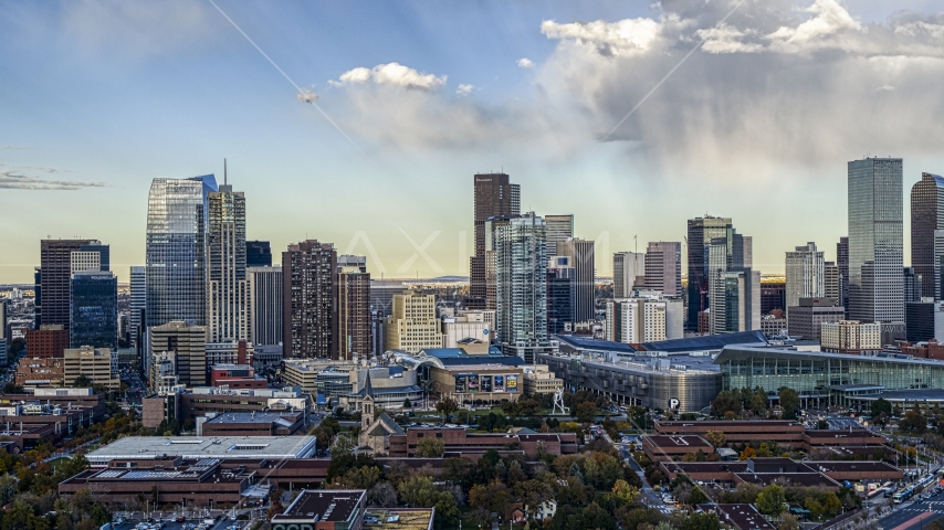 Tall skyscrapers in the city skyline with a few clouds in the sky, Downtown Denver, Colorado Aerial Stock Photo DXP001_056_0005 | Axiom Images