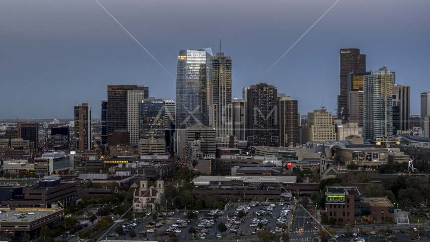 Skyscrapers and hotel high-rise at twilight, Downtown Denver, Colorado Aerial Stock Photo DXP001_057_0002 | Axiom Images