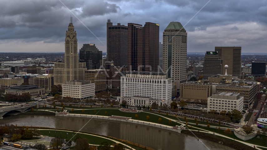 The city's skyline by the Scioto River, Downtown Columbus, Ohio Aerial Stock Photo DXP001_087_0004 | Axiom Images