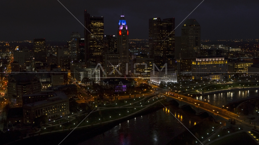 The city skyline at night, Downtown Columbus, Ohio Aerial Stock Photo DXP001_088_0012 | Axiom Images