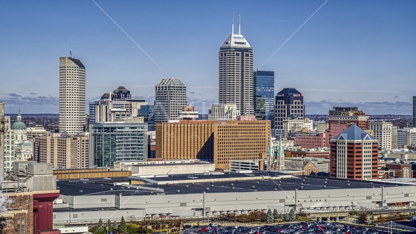 The city's skyline seen from near the convention center in Downtown Indianapolis, Indiana Aerial Stock Photo DXP001_089_0009 | Axiom Images