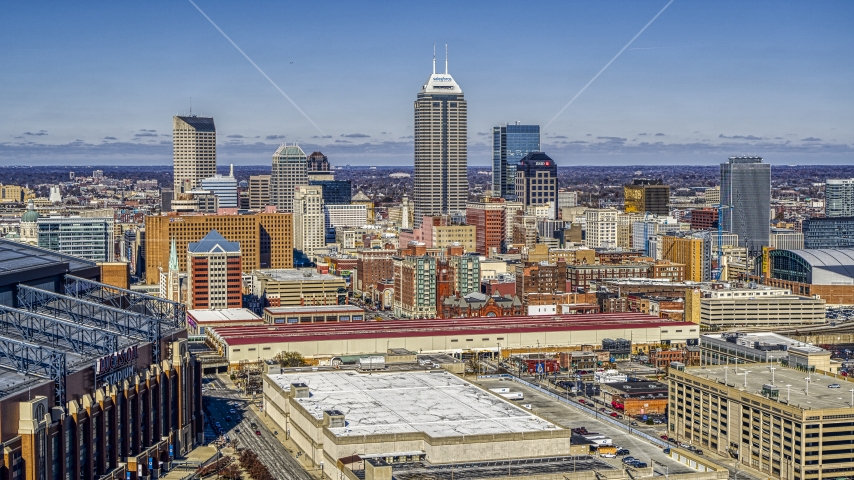 A view of tall skyscrapers in the city's skyline in Downtown Indianapolis, Indiana Aerial Stock Photo DXP001_089_0011 | Axiom Images