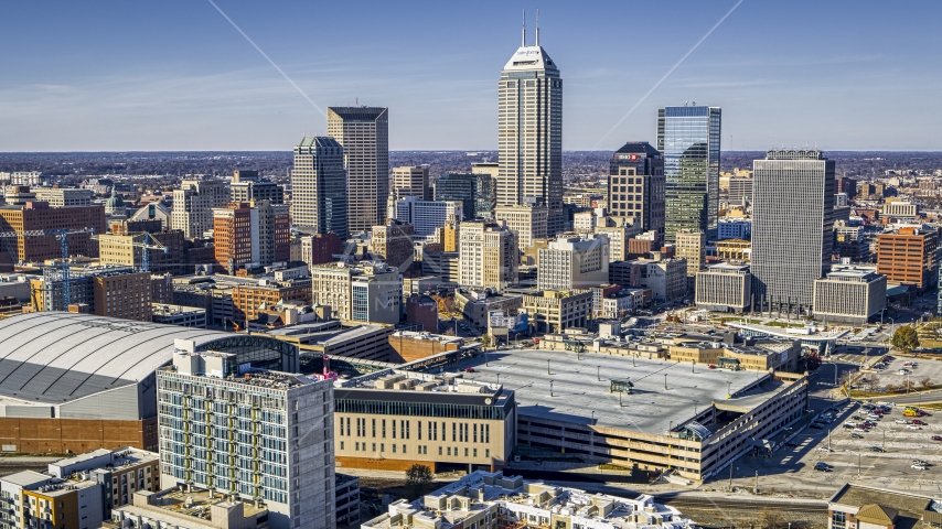 A view of the skyscrapers in the city's skyline in Downtown Indianapolis, Indiana Aerial Stock Photo DXP001_090_0001 | Axiom Images